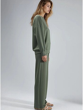 Conjunto largo de dos piezas con cuello redondo bordado y pantalones de pierna ancha hiccup