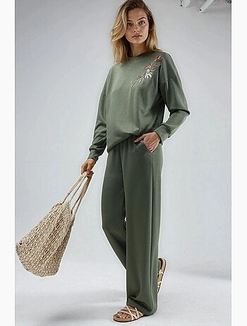 Conjunto largo de dos piezas con cuello redondo bordado y pantalones de pierna ancha hiccup