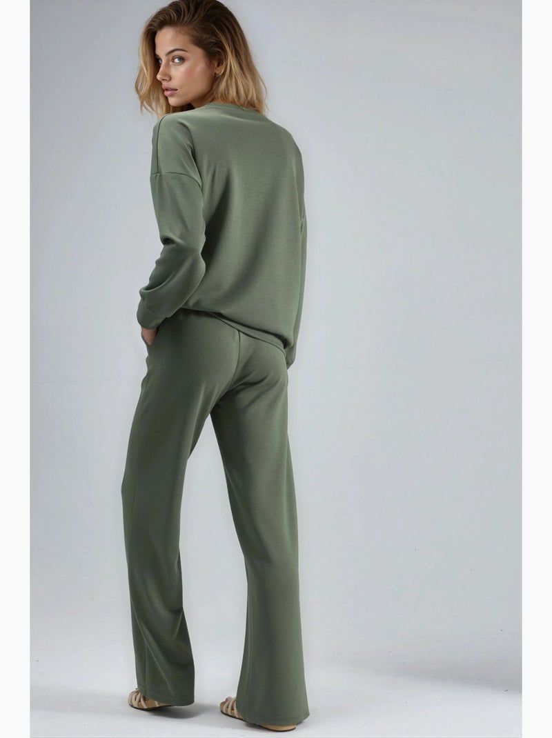 Conjunto largo de dos piezas con cuello redondo bordado y pantalones de pierna ancha hiccup Caqui - Kiabi