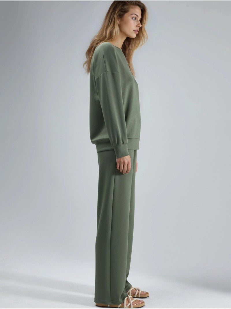 Conjunto largo de dos piezas con cuello redondo bordado y pantalones de pierna ancha hiccup Caqui - Kiabi