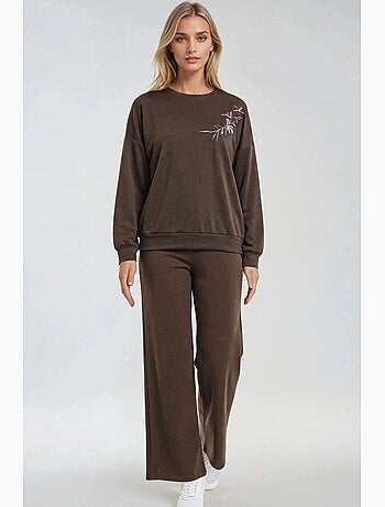 Conjunto largo de dos piezas con cuello redondo bordado y pantalones de pierna ancha hiccup