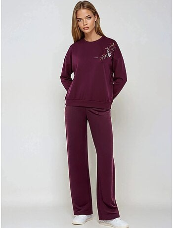 Conjunto largo de dos piezas con cuello redondo bordado y pantalones de pierna ancha hiccup