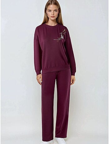 Conjunto largo de dos piezas con cuello redondo bordado y pantalones de pierna ancha hiccup