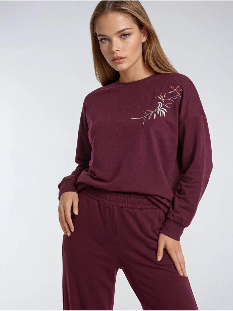 Conjunto largo de dos piezas con cuello redondo bordado y pantalones de pierna ancha hiccup Rojo burdeos - Kiabi