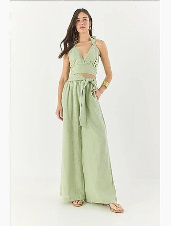 Conjunto lino natural con pantalón holgado y cintura elástica lucci