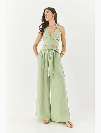 Conjunto lino natural con pantalón holgado y cintura elástica lucci