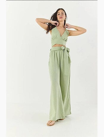 Conjunto lino natural con pantalón holgado y cintura elástica lucci