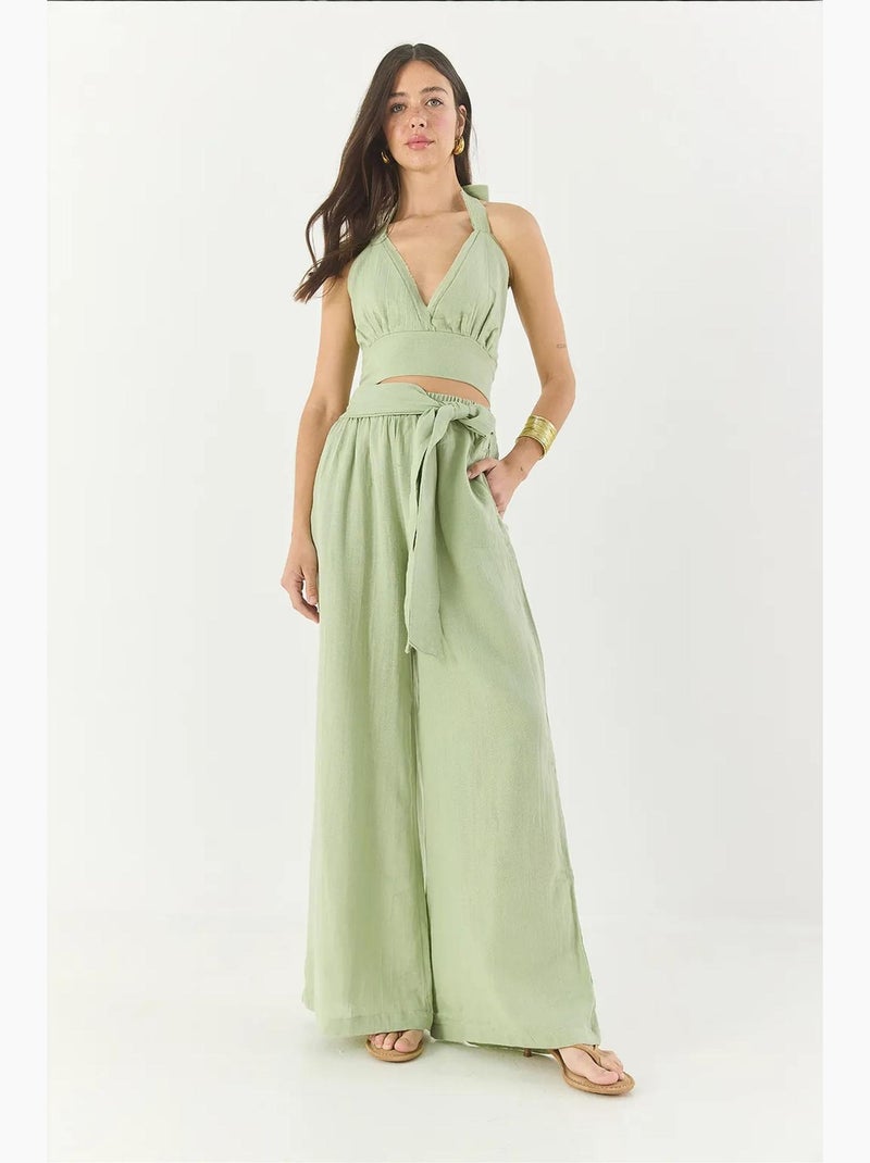 Conjunto lino natural con pantalón holgado y cintura elástica lucci Verde tilo - Kiabi
