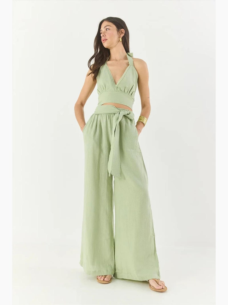 Conjunto lino natural con pantalón holgado y cintura elástica lucci Verde tilo - Kiabi
