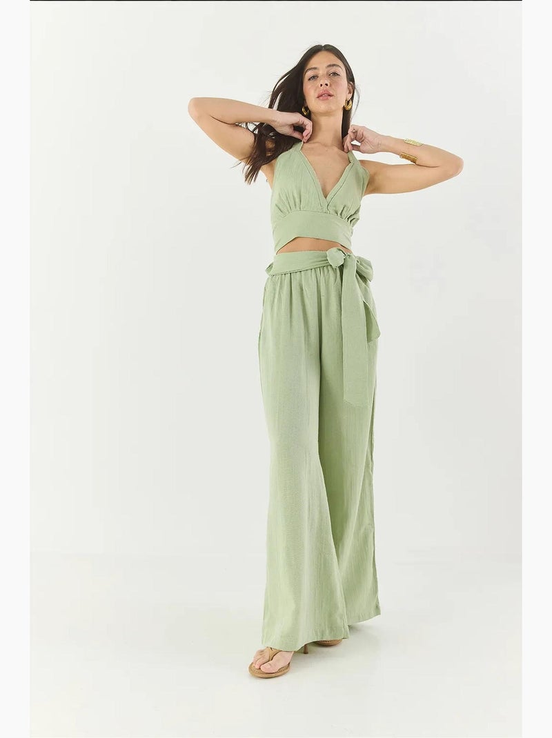 Conjunto lino natural con pantalón holgado y cintura elástica lucci Verde tilo - Kiabi