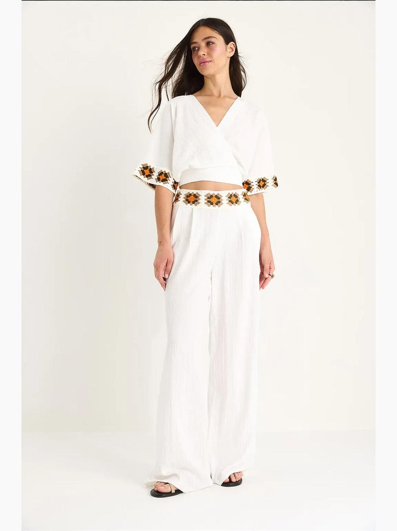 Conjunto pantalón corto cintura alta y top cruzado punto lucci Blanco - Kiabi