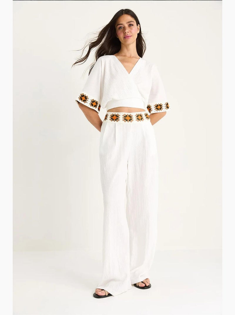 Conjunto pantalón corto cintura alta y top cruzado punto lucci Blanco - Kiabi