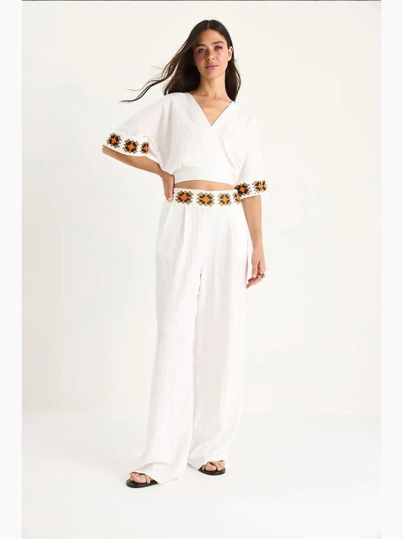 Conjunto pantalón corto cintura alta y top cruzado punto lucci Blanco - Kiabi
