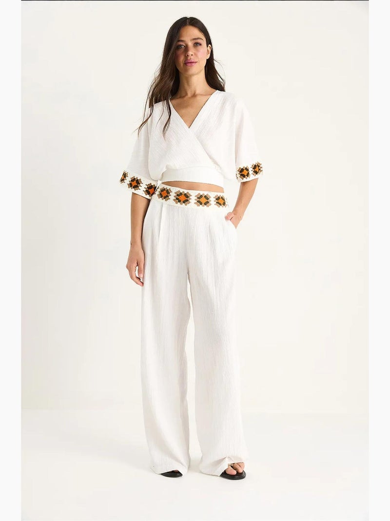 Conjunto pantalón corto cintura alta y top cruzado punto lucci Blanco - Kiabi