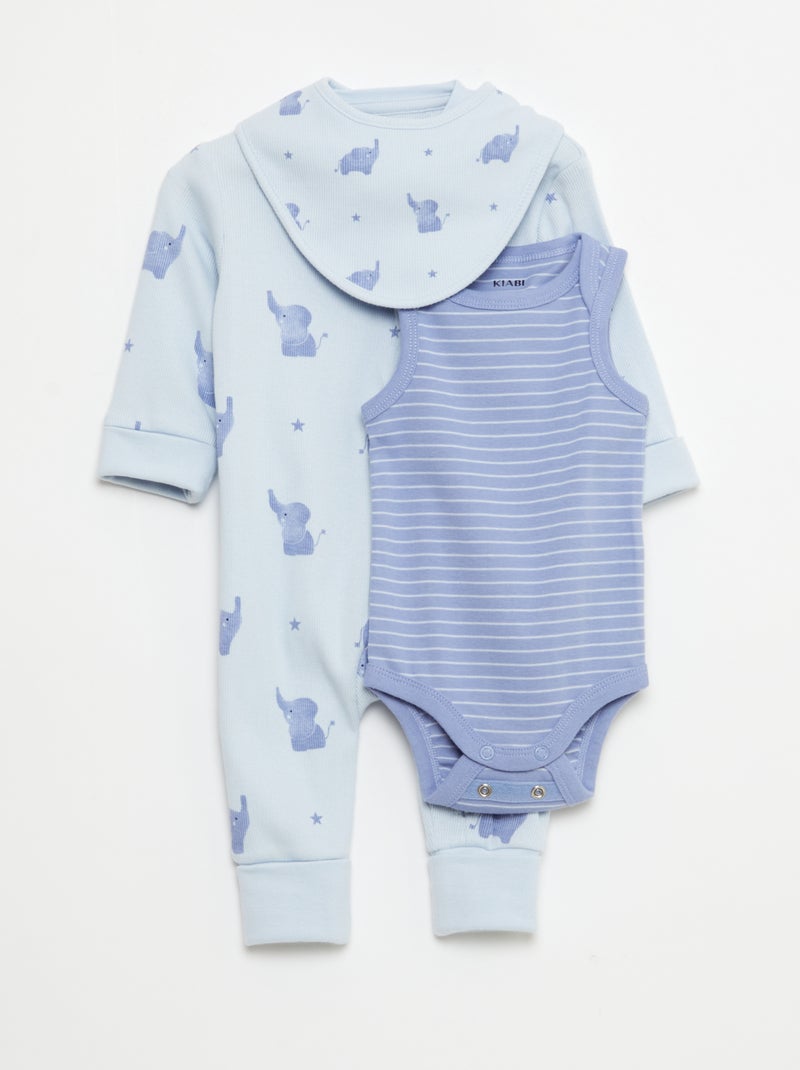 Conjunto pelele + babero + body - 3 piezas Azul - Kiabi