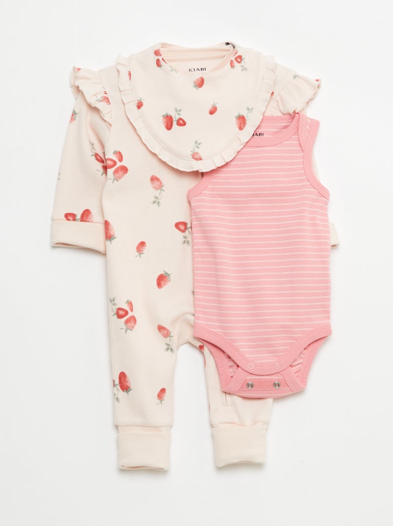 Conjunto pelele + babero + body - 3 piezas Rosa - Kiabi