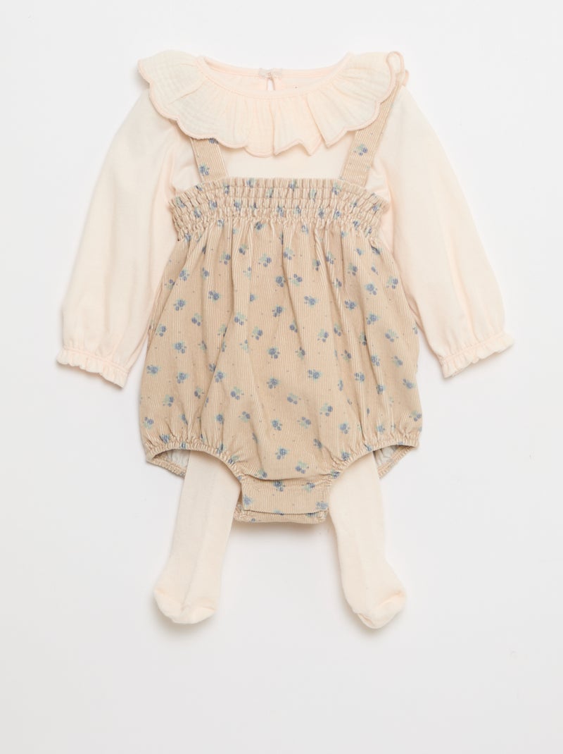 Conjunto short con tirantes + camiseta + leotardos - 3 piezas Beige - Kiabi