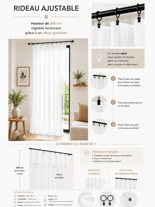 Cortina ajustable doble gasa de algodón con 8 anillas con pinza gaïa – altura modulable - Kiabi Cortina ajustable doble gasa de algodón con 8 anillas con pinza gaïa – altura modulable - Kiabi