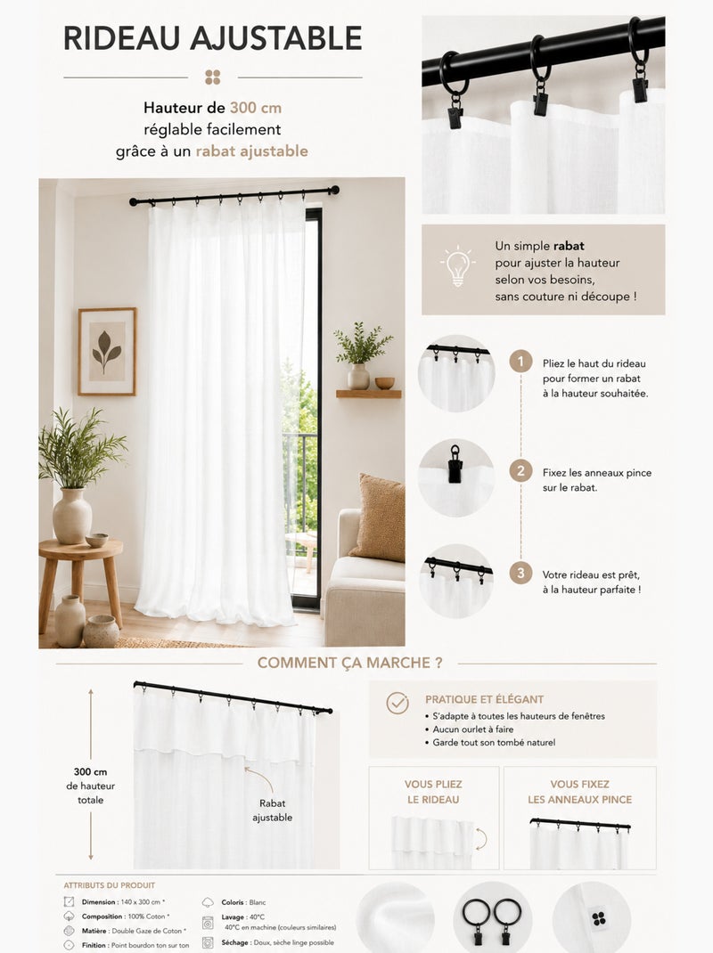 Cortina ajustable doble gasa de algodón con 8 anillas con pinza gaïa – altura modulable Blanco - Kiabi