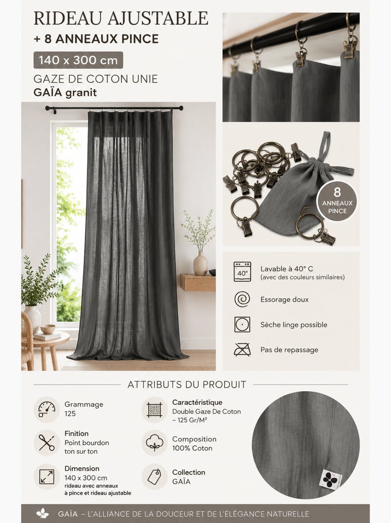 Cortina ajustable doble gasa de algodón con 8 anillas con pinza gaïa – altura modulable Gris granito - Kiabi