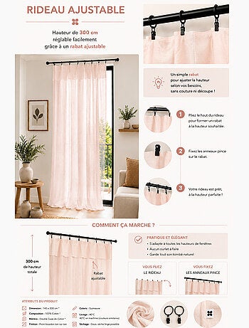 Cortina ajustable doble gasa de algodón con 8 anillas con pinza gaïa – altura modulable