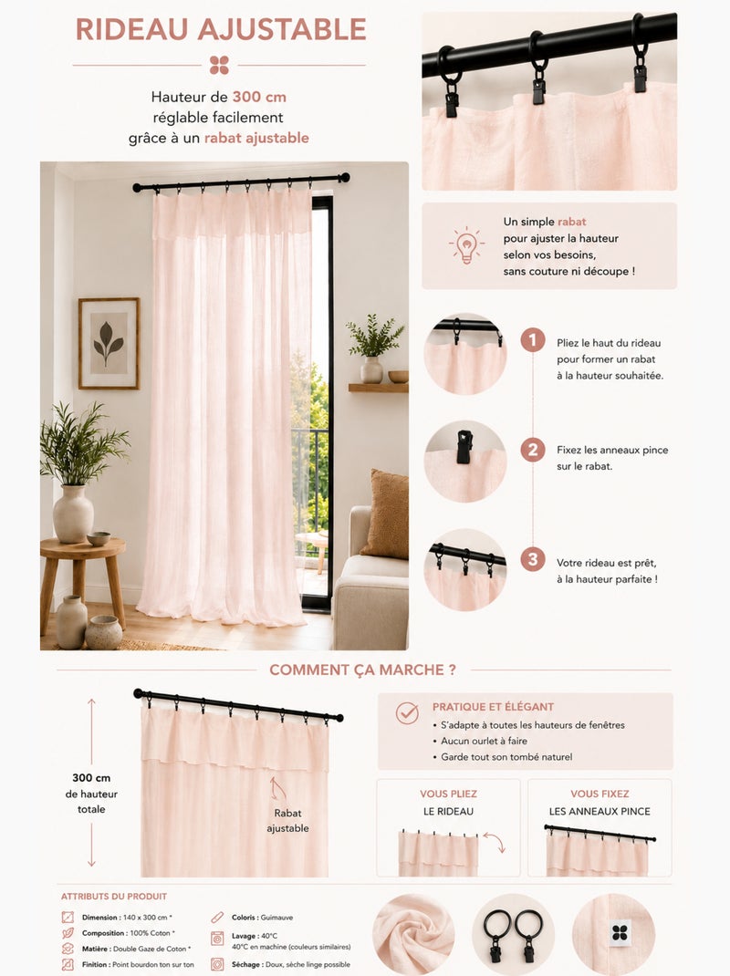 Cortina ajustable doble gasa de algodón con 8 anillas con pinza gaïa – altura modulable Rosa claro - Kiabi