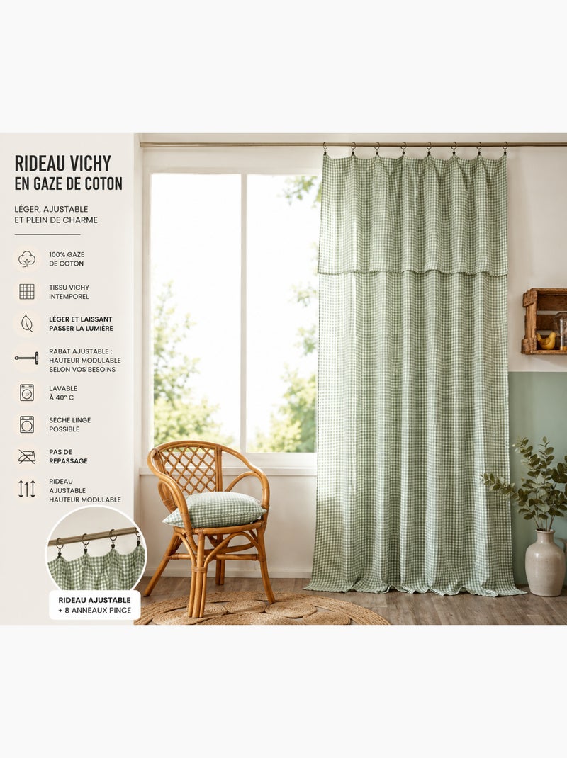 Cortina ajustable doble gasa de algodón vichie Verde eucalipto - Kiabi