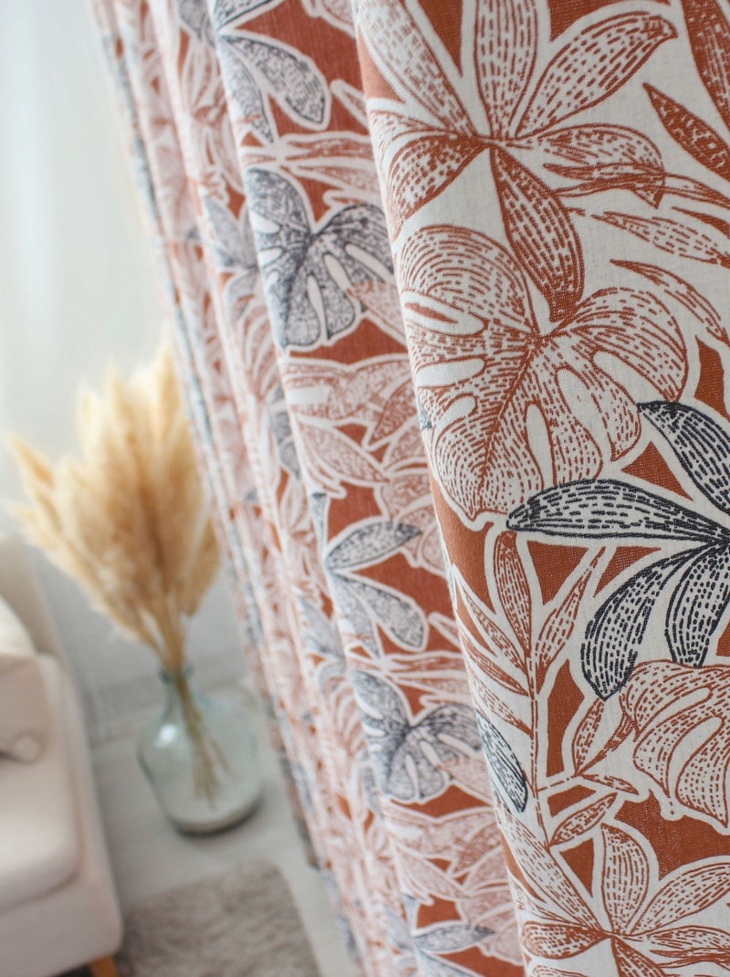 Cortina con estampado de hojas y ojales metálicos Beige - Kiabi