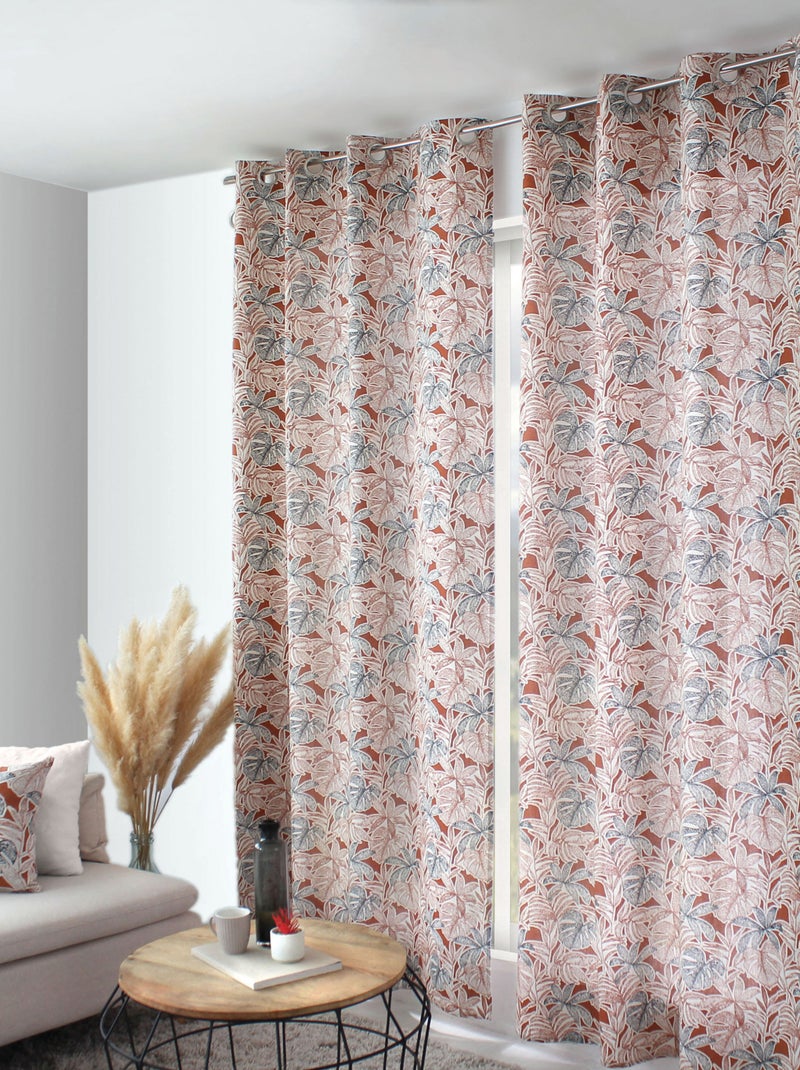 Cortina con estampado de hojas y ojales metálicos Beige - Kiabi