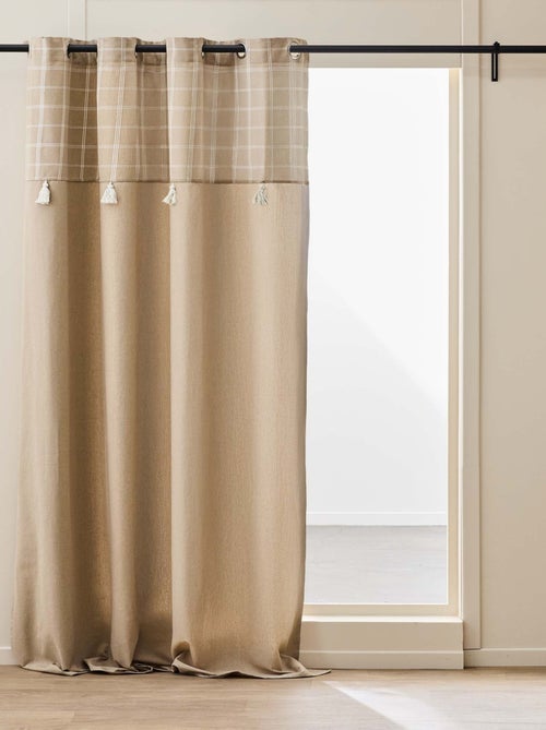 Cortina con ojales y parte superior a cuadros con pompones en policotón - Kiabi