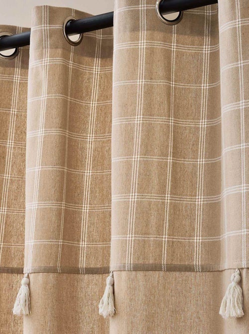 Cortina con ojales y parte superior a cuadros con pompones en policotón - Kiabi