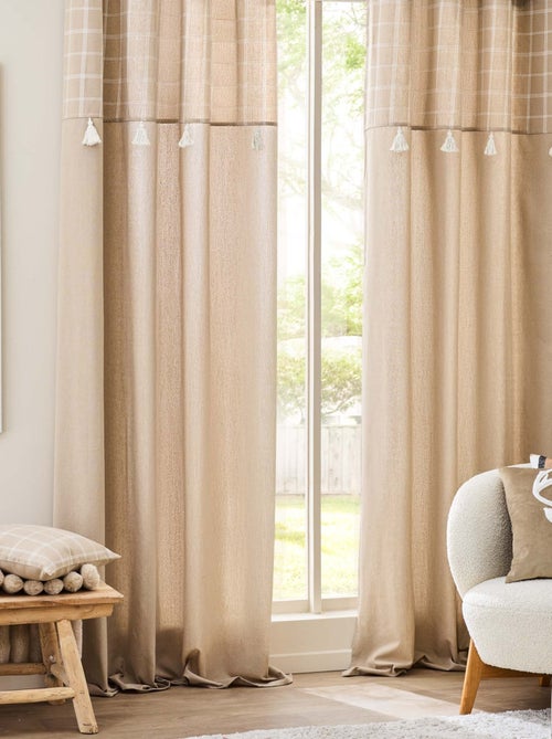 Cortina con ojales y parte superior a cuadros con pompones en policotón - Kiabi