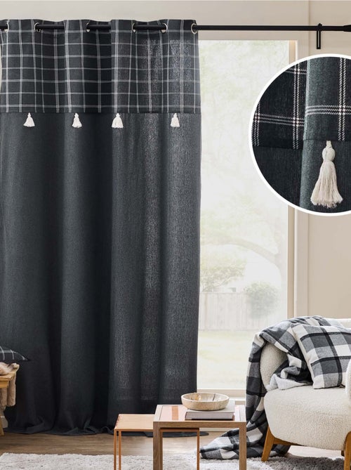 Cortina con ojales y parte superior a cuadros con pompones en policotón - Kiabi