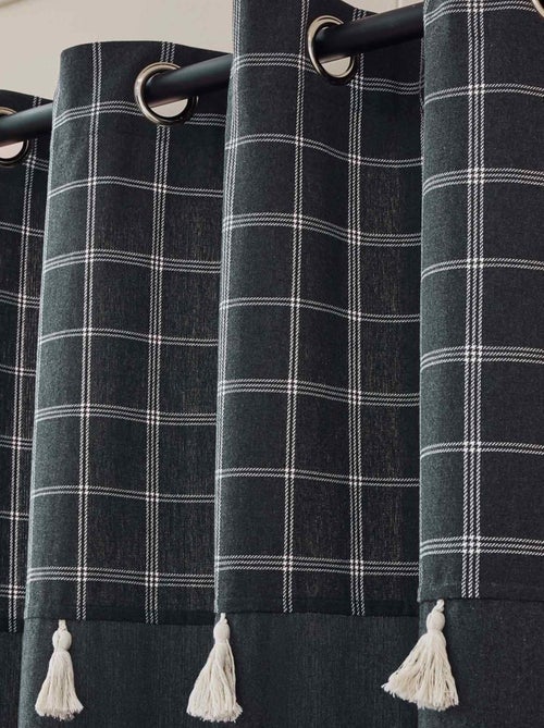 Cortina con ojales y parte superior a cuadros con pompones en policotón - Kiabi