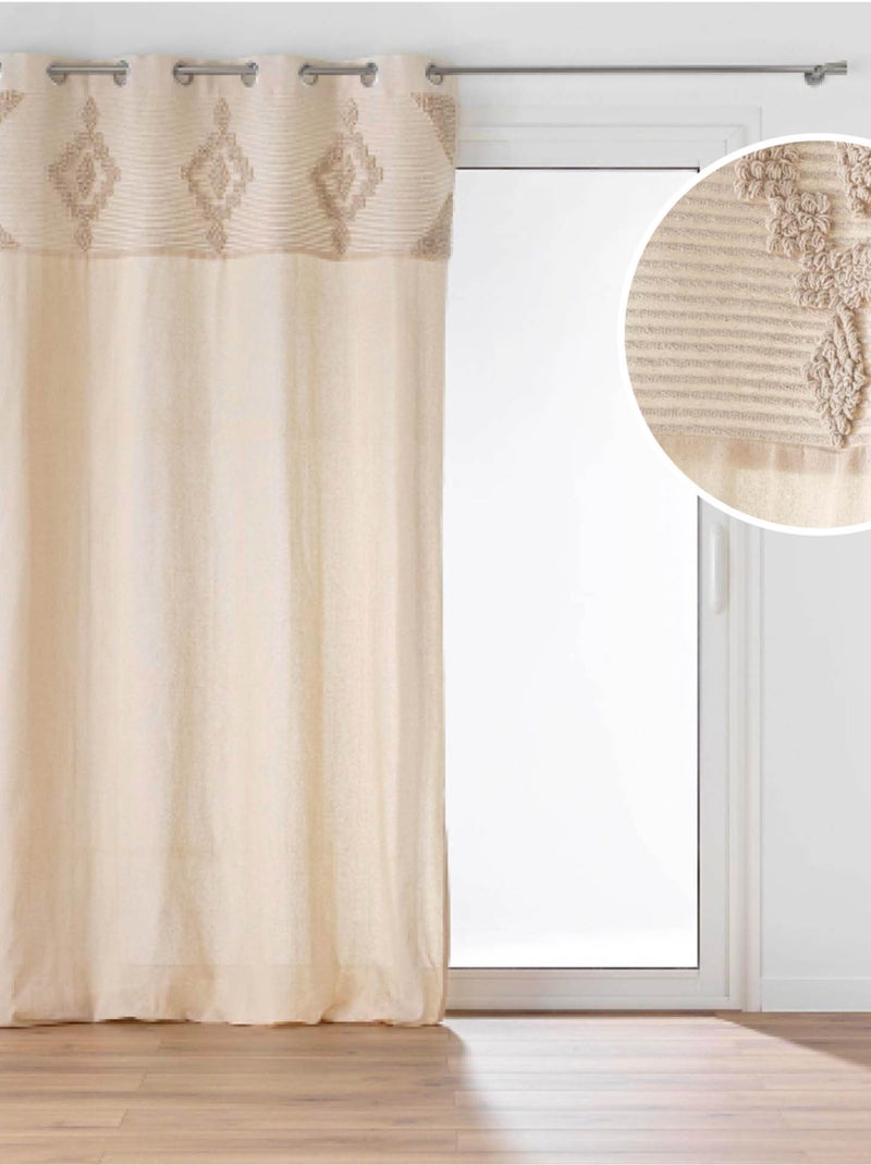 Cortina con ollaos de mezcla de poliéster y algodón con banda decorativa Madera natural - Kiabi