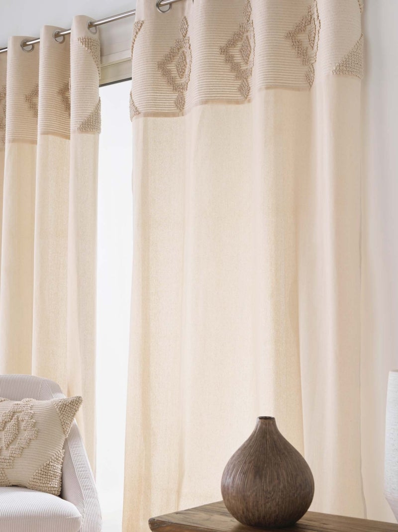 Cortina con ollaos de mezcla de poliéster y algodón con banda decorativa Madera natural - Kiabi