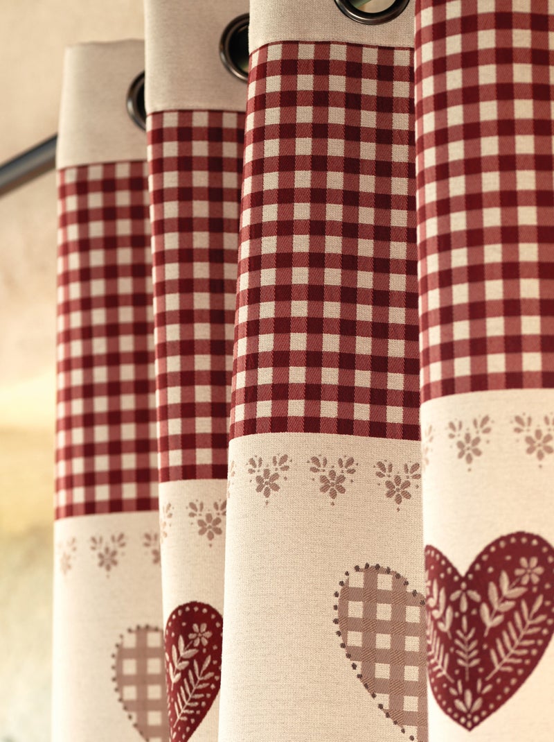 Cortina de jacquard de ojales con parte superior de guinga y motivos de corazones Taupe - Kiabi
