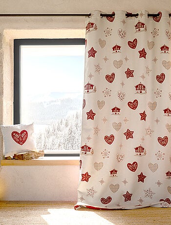 Cortina de jacquard para decoración con motivos de chalets y corazones