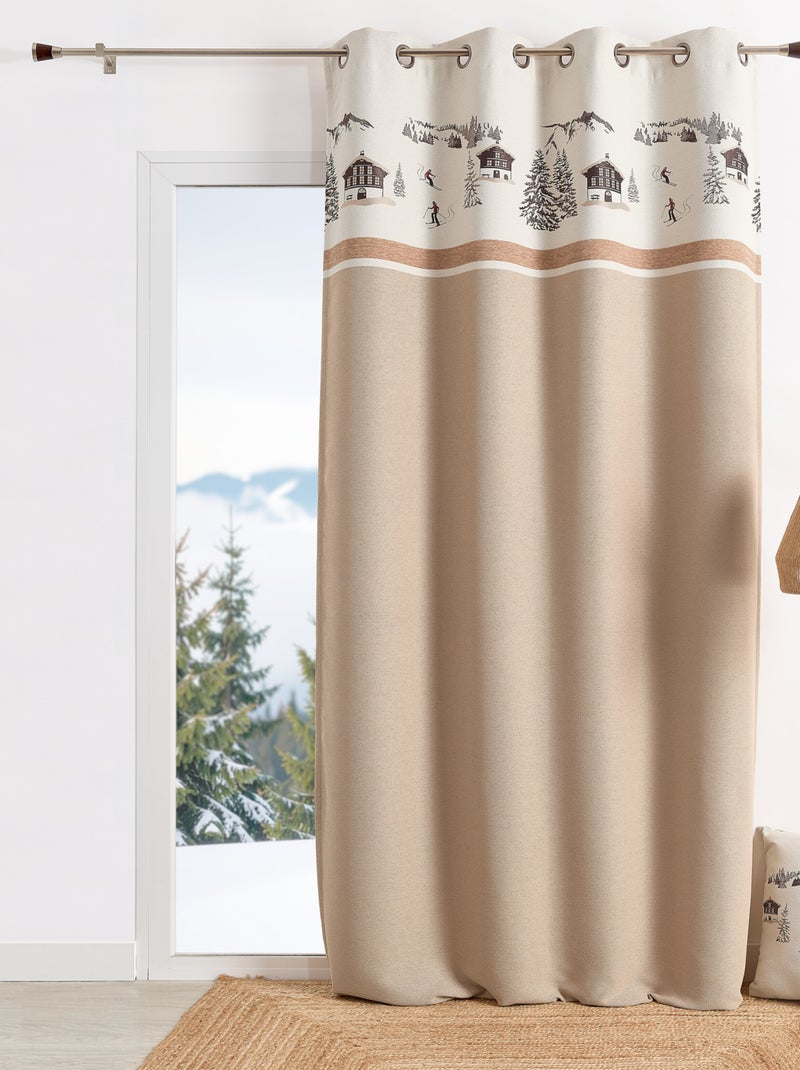Cortina de ojales de jacquard con motivo de chalets y abetos Beige - Kiabi