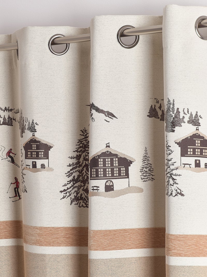Cortina de ojales de jacquard con motivo de chalets y abetos Beige - Kiabi