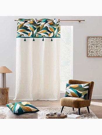 Cortina de ojales de polialgodón con remate de follaje gráfico y borlas