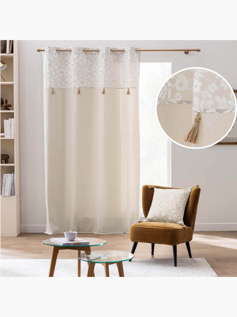 Cortina de ojales de polialgodón con remate floral y borlas Madera natural - Kiabi