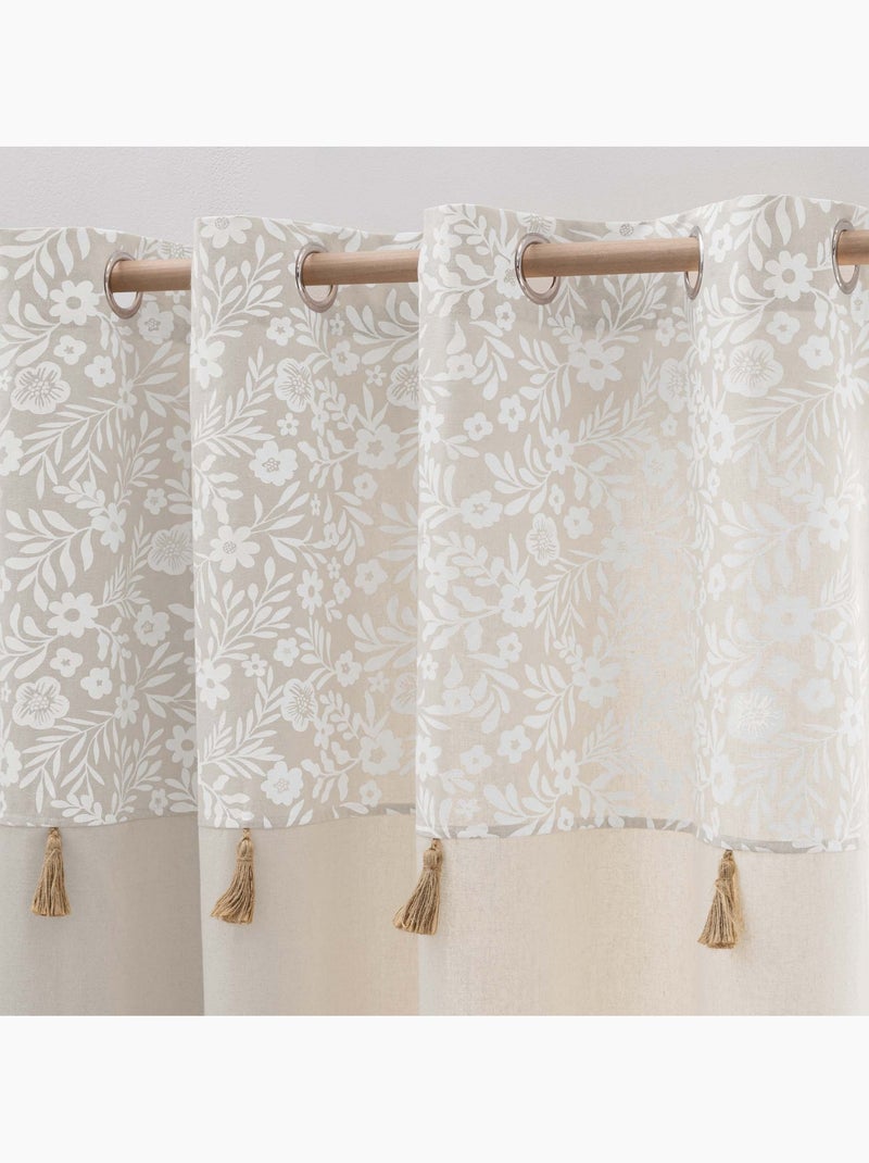 Cortina de ojales de polialgodón con remate floral y borlas Madera natural - Kiabi
