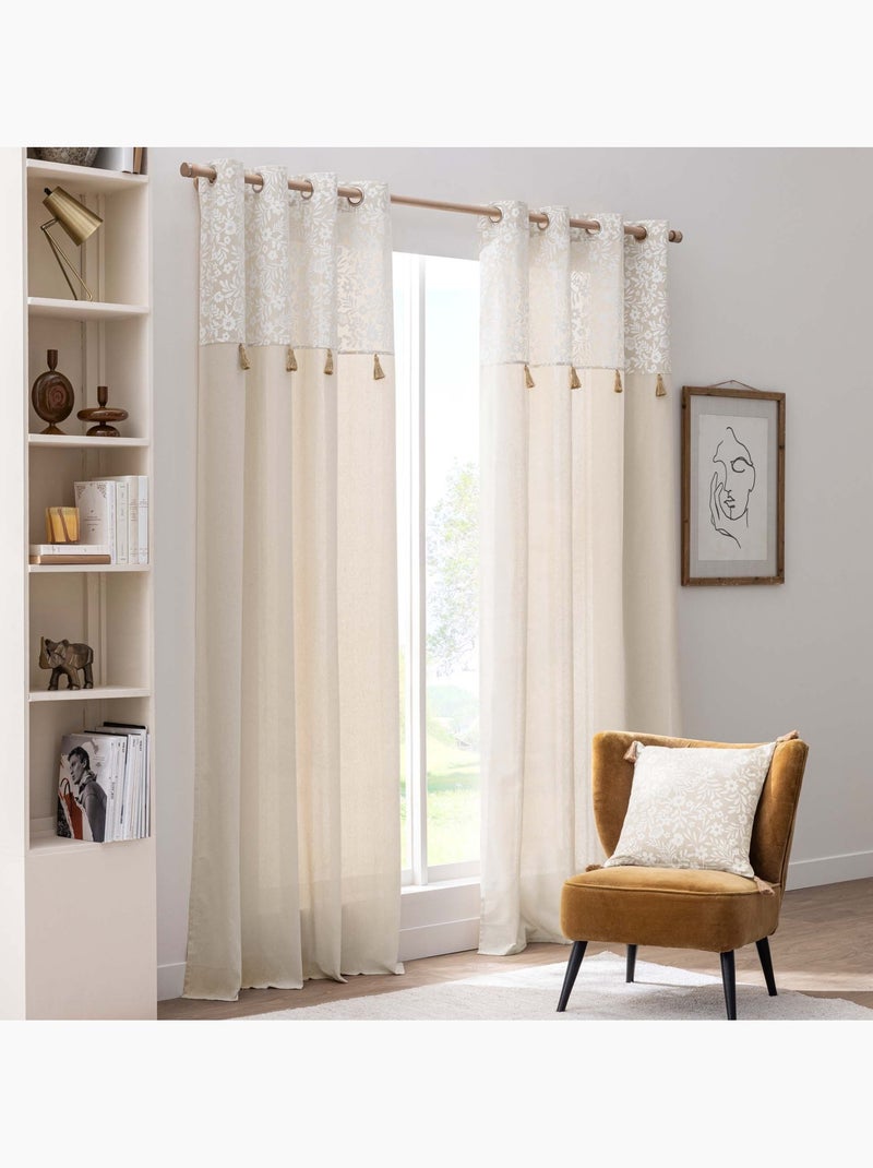 Cortina de ojales de polialgodón con remate floral y borlas Madera natural - Kiabi