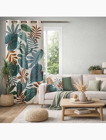 Cortina difusora con ojales, de poli-lin, estampada con motivos tropicales