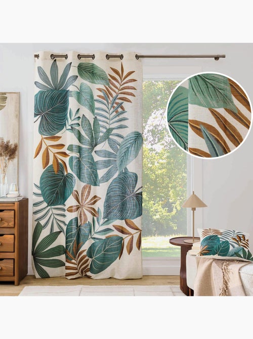 Cortina difusora con ojales, de poli-lin, estampada con motivos tropicales - Kiabi Cortina difusora con ojales, de poli-lin, estampada con motivos tropicales - Kiabi