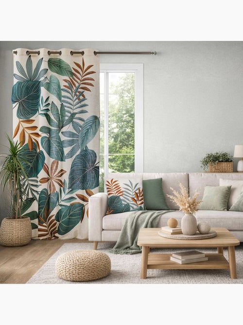 Cortina difusora con ojales, de poli-lin, estampada con motivos tropicales - Kiabi Cortina difusora con ojales, de poli-lin, estampada con motivos tropicales - Kiabi