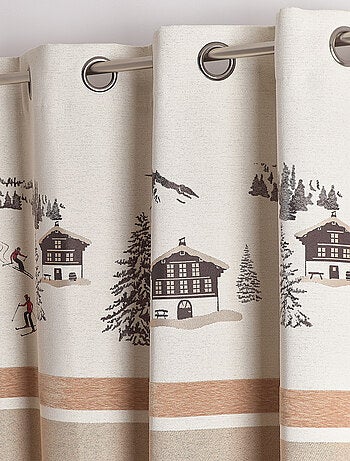 Cortina jacquard con ojales y motivos de chalets y abetos