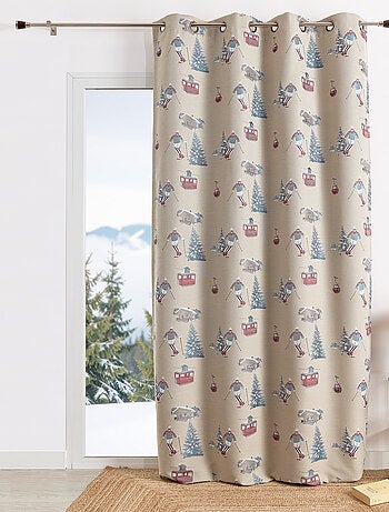 Cortina jacquard con ojales y motivos de esquiadores y abetos