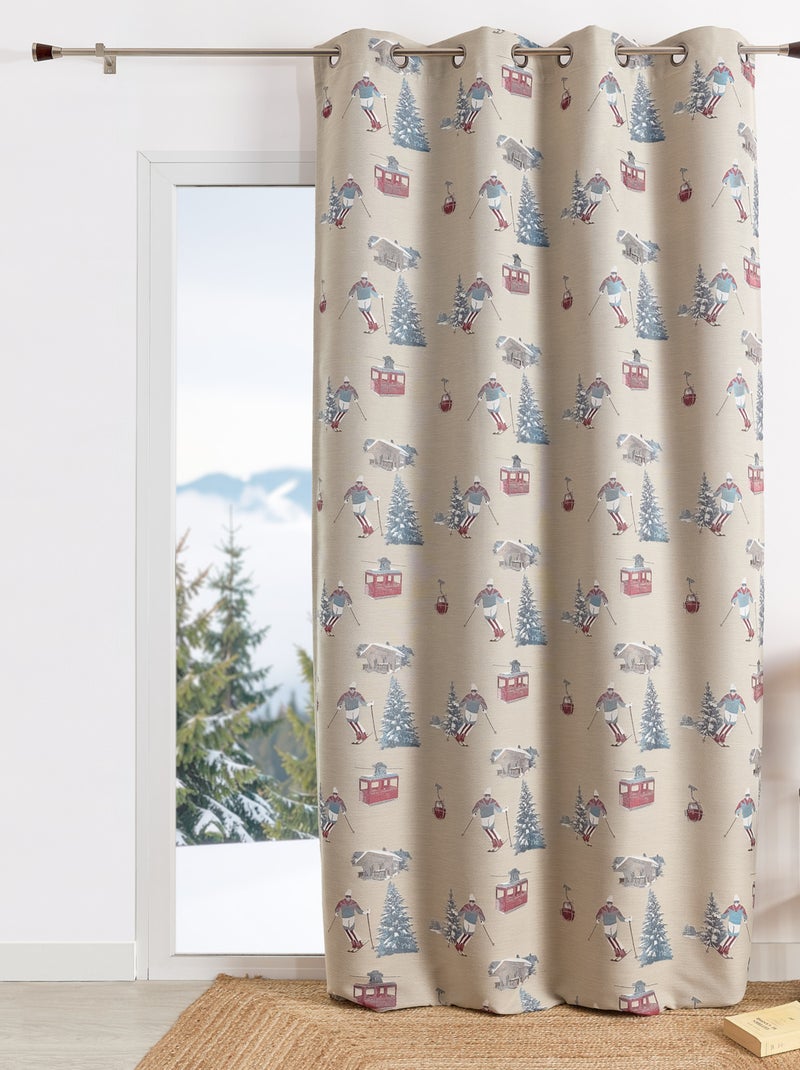 Cortina jacquard con ojales y motivos de esquiadores y abetos Beige claro - Kiabi